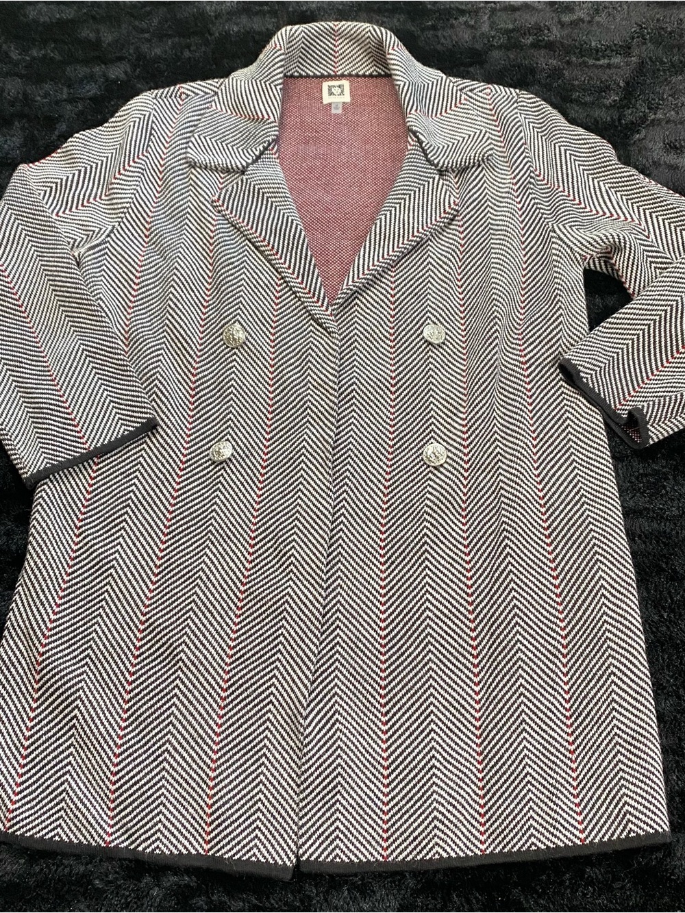 Anne Klein Women’s M Herringbone Double Breasted Knit Coat Black White Red
